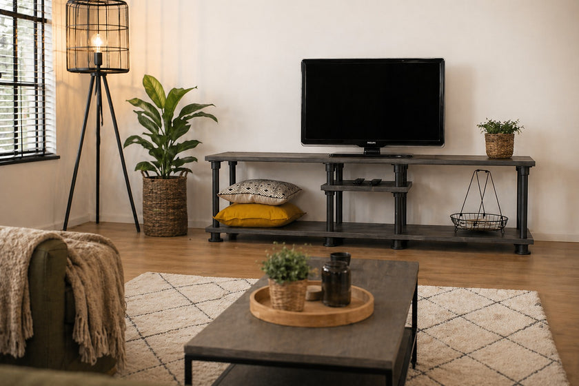 industrieel tv meubel stijlvol in een moderne woonkamer met lamp en leuke planten.