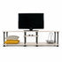 Industrieel tv meubel stijlvol met wit houten legplanken en robuust metalen frame op witte achtergrond