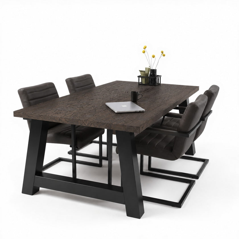Industriële eiken eettafel Bos met black afwerking en zwart stalen A-poten