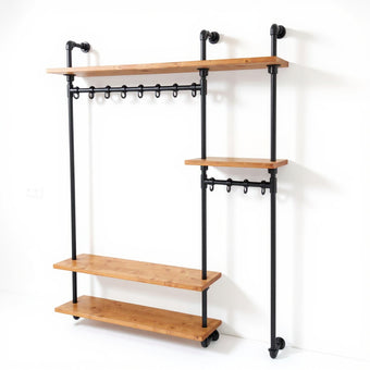 Zwarte industriële wand‑kapstok “Blink” — frontaanzicht met stalen frame en haken.