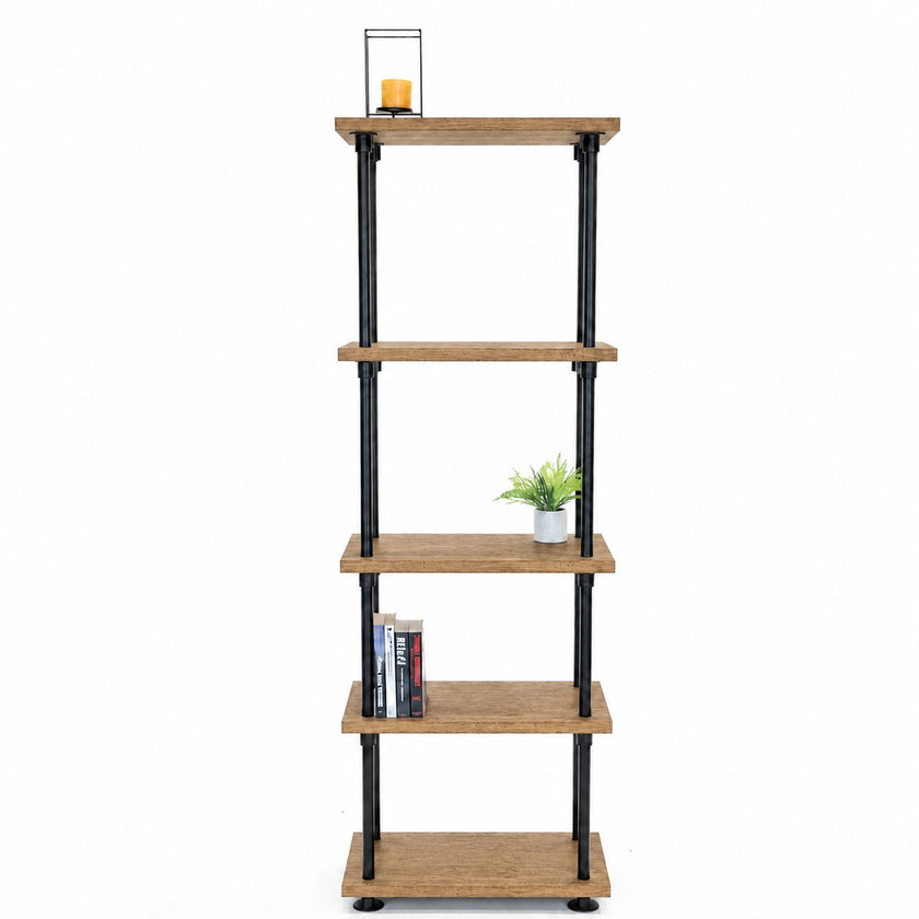 Moderne steigerbuis kast zwart met robuust metalen frame en houten planken