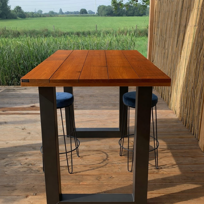 Hoge tuintafel bartafel met stalen frame en douglas houten blad