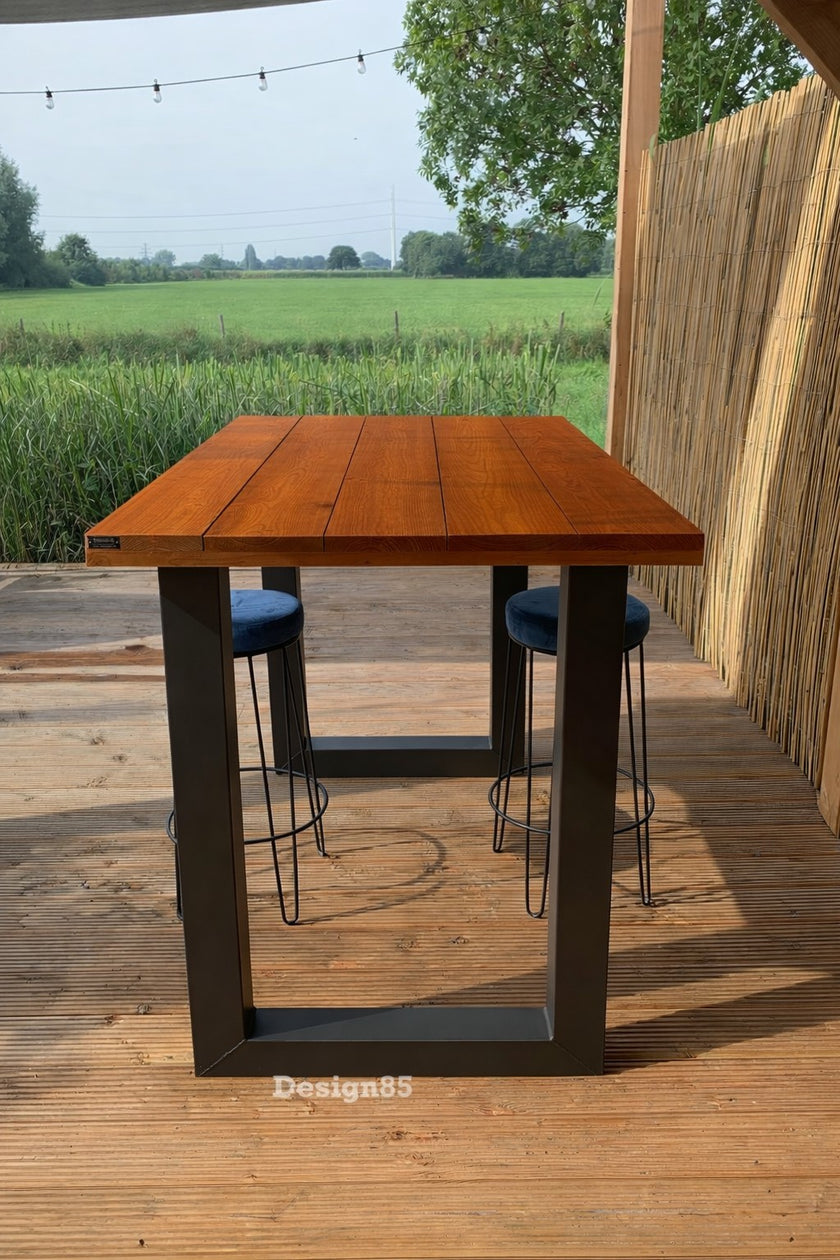 Hoge tuintafel bartafel met stalen frame en douglas houten blad