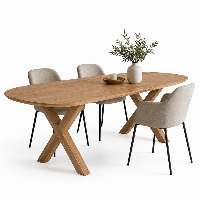eettafel deens ovaal arc met een houten poot en een eiken blad met een verjongde rand