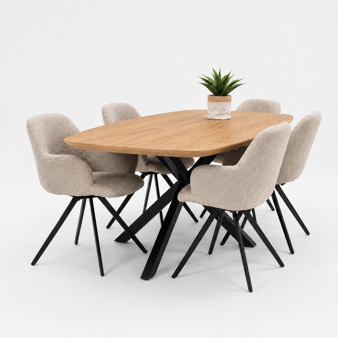eettafel deens ovaal ais met een blad in de kleur sand. Onderstel is zwart staal.