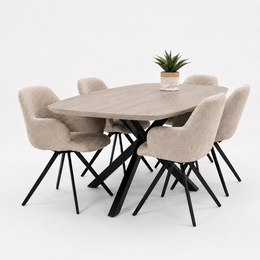 eettafel deens ovaal axis op een witte achtergrond met een wit blad en 5 stoelen