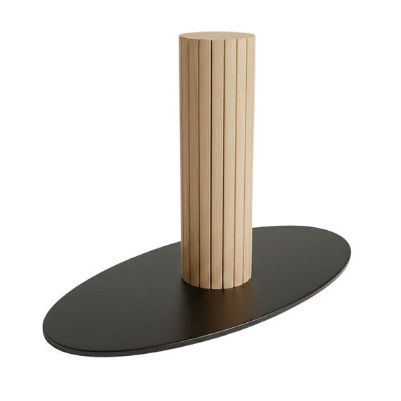 eettafel deens ovaal collum met een stalen zwarte onderplaat met een houten koker.