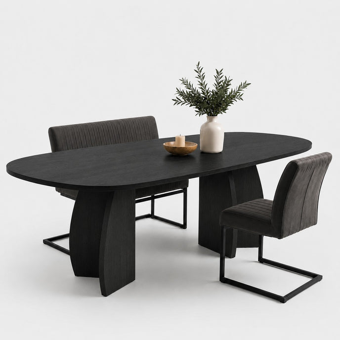 Deens ovale eettafel met dubbele designpoot in zwarte eikenhoutkleur, moderne houten eettafel met sculpturale V-poten