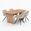 Deens ovale eiken eettafel met houten designpoten, facetrand en afwerking Naturel