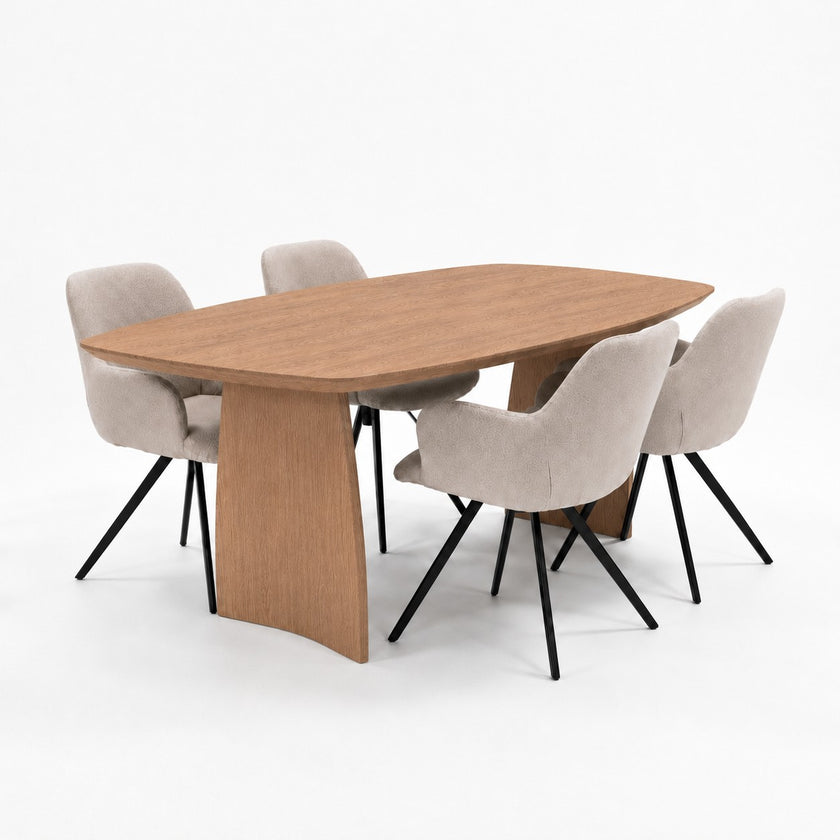 Deens ovale eiken eettafel met houten designpoten, facetrand en afwerking Sand