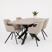 eettafel deens ovaal linea met zowel witte stoelen of ook een wit blad. Het stalen onderstel is zwart.