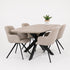 eettafel deens ovaal linea met zowel witte stoelen of ook een wit blad. Het stalen onderstel is zwart.