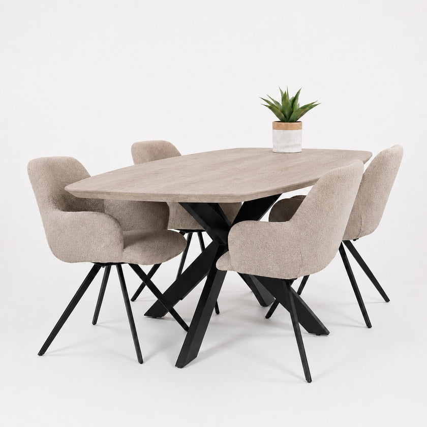 eettafel deens ovaal linea met zowel witte stoelen of ook een wit blad. Het stalen onderstel is zwart.