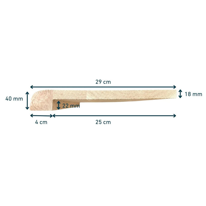 Technische tekening van een eiken vensterbank met boomstamrand en afmetingen van 29 cm diep, 40 mm voorkant en 18 mm blad.