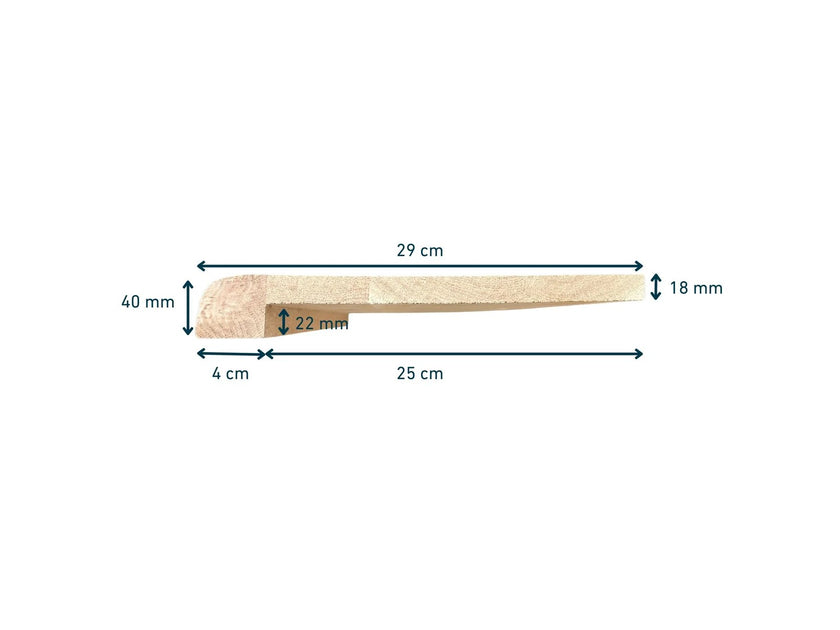 Technische tekening van een eiken vensterbank met boomstamrand en afmetingen van 29 cm diep, 40 mm voorkant en 18 mm blad.