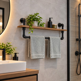 handdoekrek industrieel staal die in een moderne badkamer hangt met 2 handdoeken.