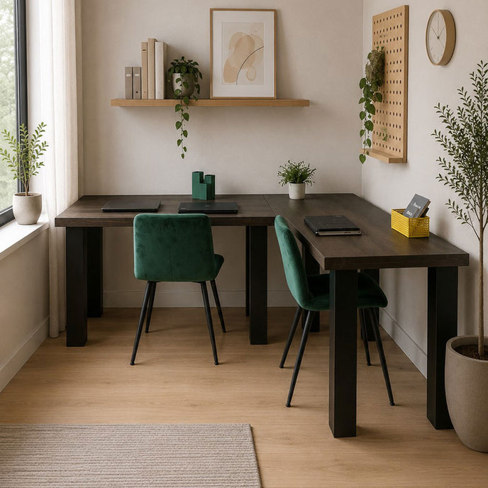 hoekbureau staal in een modern werkkamer met twee groene stoelen en een blad in de kleur zwart
