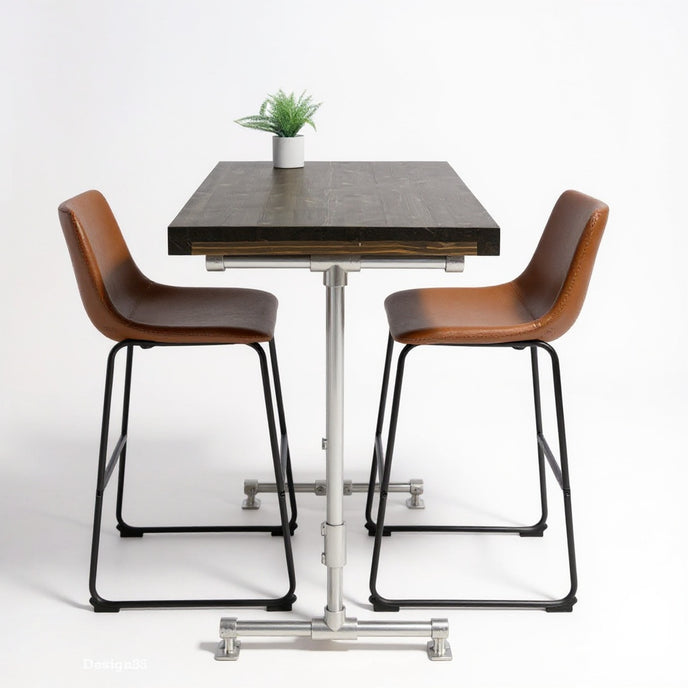Industriële bartafel Los Angeles met zwart houten tafelblad en zilverkleurig stalen middenonderstel.