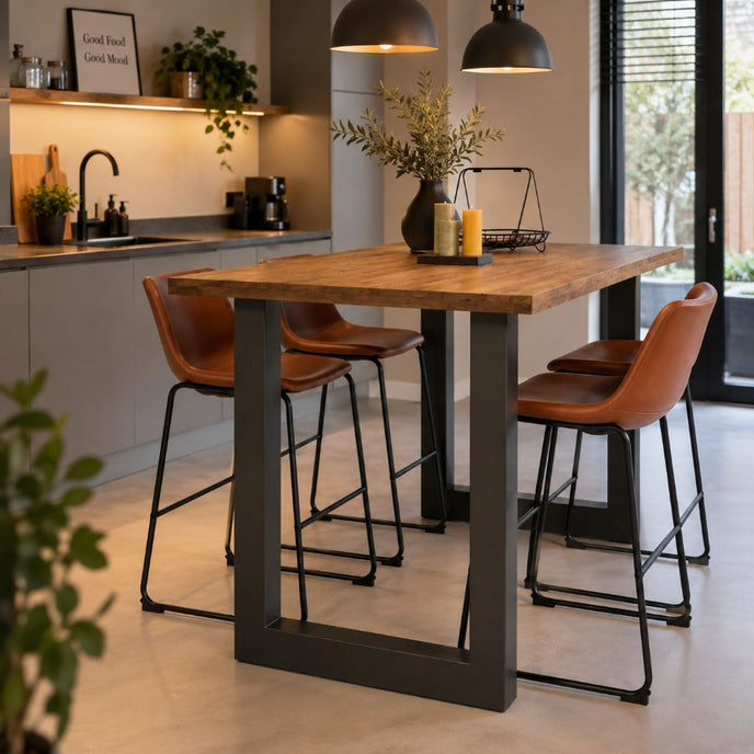 hoge bartafel new york met een mooi bruin blad in een moderne keuken. 4 barkrukken aan tafel.