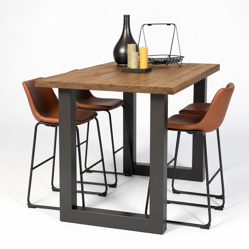 Hoge bartafel New York met bruin houten blad en zwart stalen onderstel. Met 3 bruine barkrukken. 