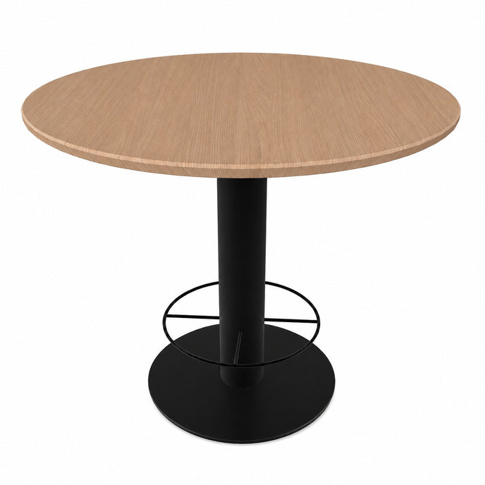 hoge bartafel seattle met een rond stalen onderstel op een witte achtergrond met een blad van eiken