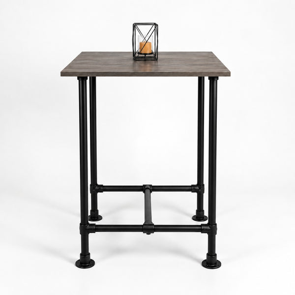 Horeca bartafel vierkant met bruin eiken tafelblad, industrieel zwart stalen onderstel en stevige voetsteun.