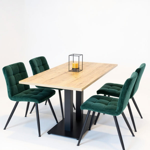 Horeca tafel dubbel met robuust eiken blad en zwart stalen onderstel, moderne industriële look met velvet stoelen