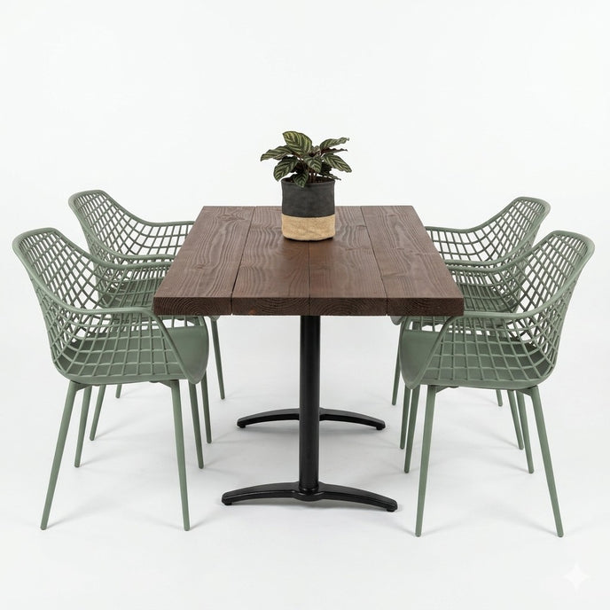 Industriële horeca tafel rechthoek met zwart metalen poot en donkerbruin houten blad, witte achtergrond