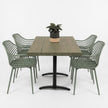 Horeca tafel rechthoek met stalen onderstel en grey wash houten blad, minimalistische witte achtergrond