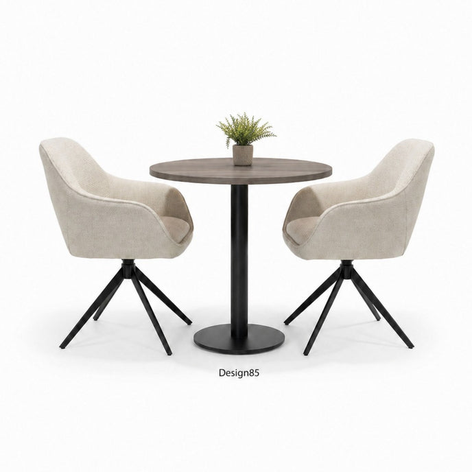 Ronde horeca tafel met bruin eiken blad en zwart metalen onderstel, industriële bistrotafel voor horeca inrichting
