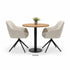 Ronde horeca tafel met havanna houten blad en zwart stalen voet, stijlvolle bistrotafel met gestoffeerde stoelen