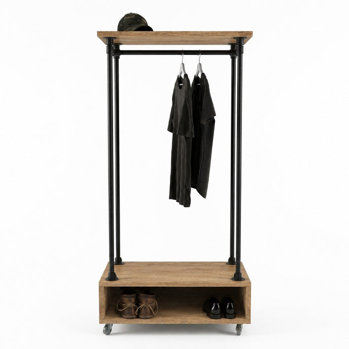 Houten kledingrek Comfort met open opbergvak, zwart steigerbuis frame en lichte houten planken voor slaapkamer of winkel