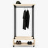 houten kledingrek Comfort met zwart metalen frame en open ondervak van onbehandeld vurenhout op wielen