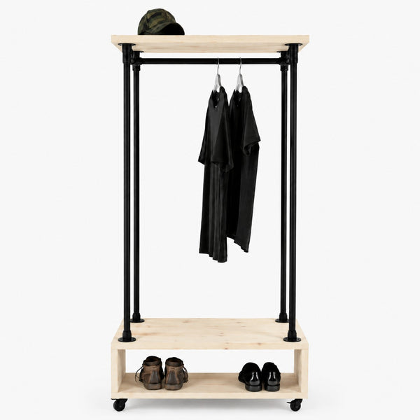 houten kledingrek Comfort met zwart metalen frame en open ondervak van onbehandeld vurenhout op wielen