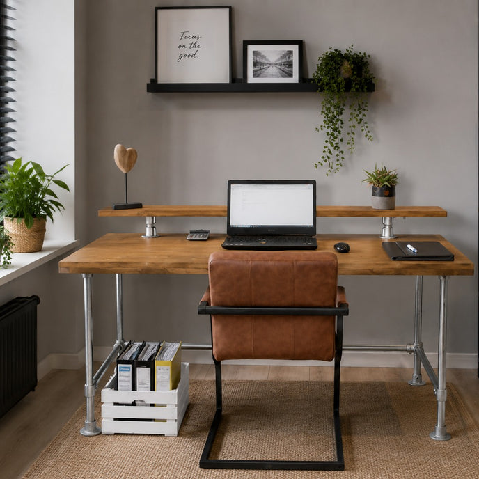 industrieel bureau droom in een werkkamer met een blad van vurenhout in de kleur bruin