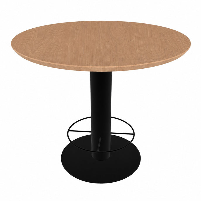 industriele bartafel loft met een stalen onderstel en een eikenblad met facetrand in de kleur sand