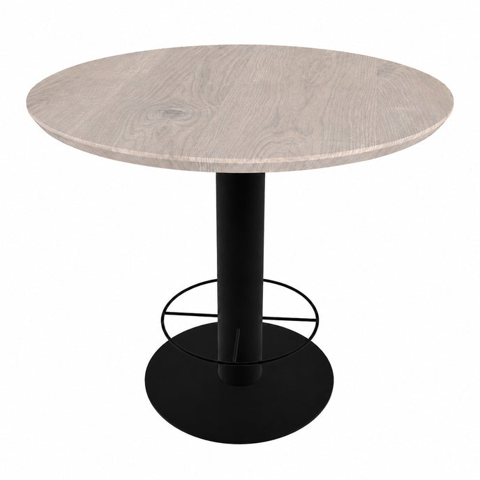 industriele bartafel loft met een ronde stalen poot en een blad van eiken met facetrand in de kleur white. 
