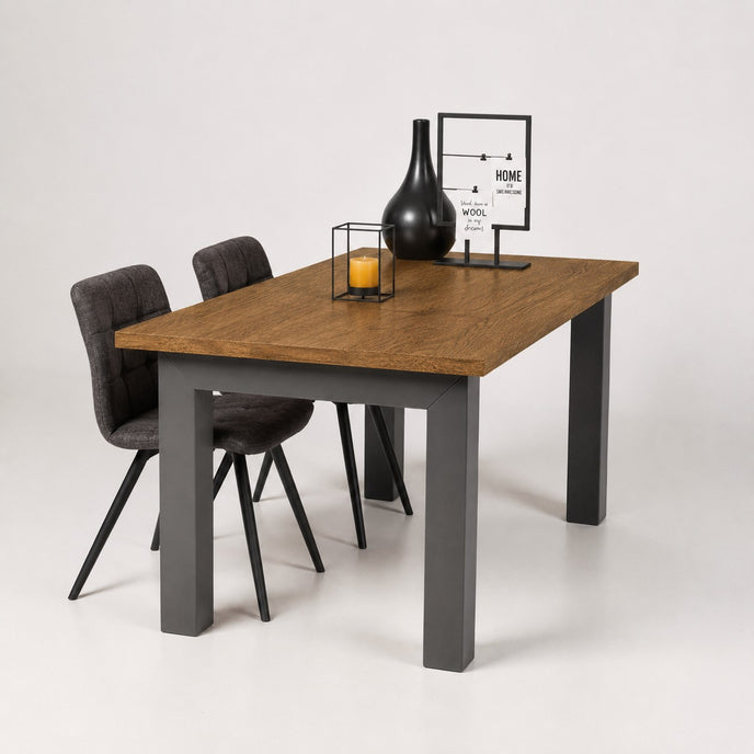 Industriële eiken eettafel Hagel sand met warm eiken tafelblad en antraciet metalen poten