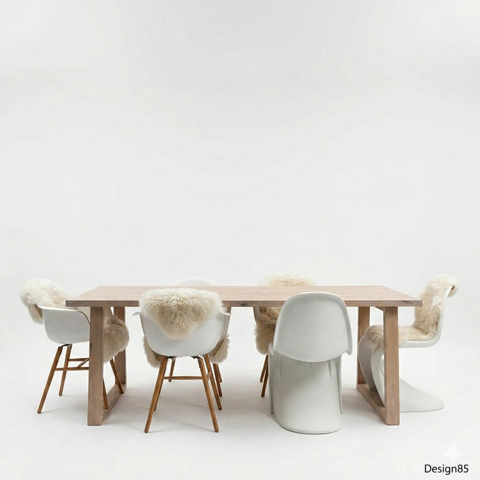 industriele eiken eettafel heide met witte achtergrond en een blad behandeld met de kleur white