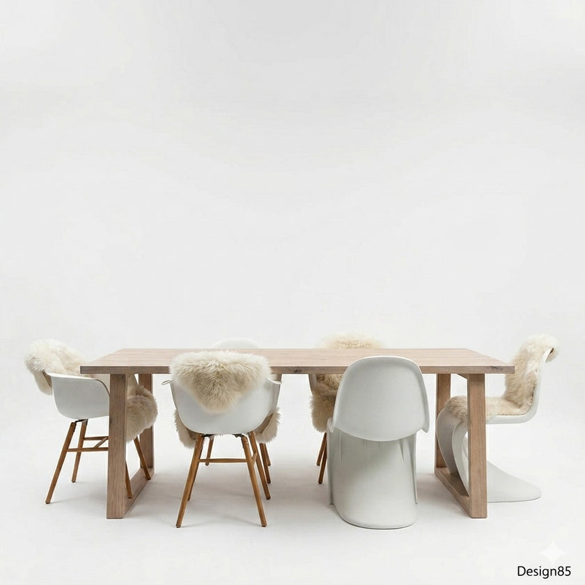 industriele eiken eettafel heide met witte achtergrond en een blad behandeld met de kleur white