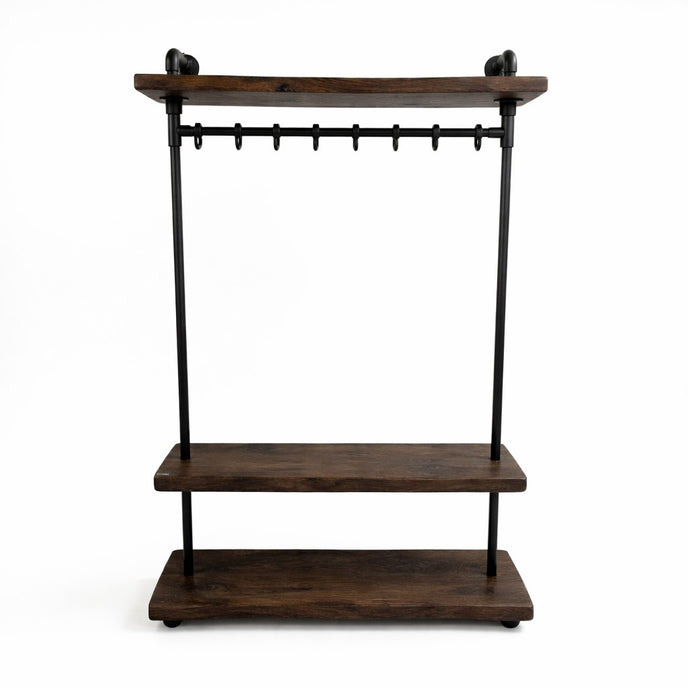Kapstok industrieel design met massief boomstam hout en stalen frame