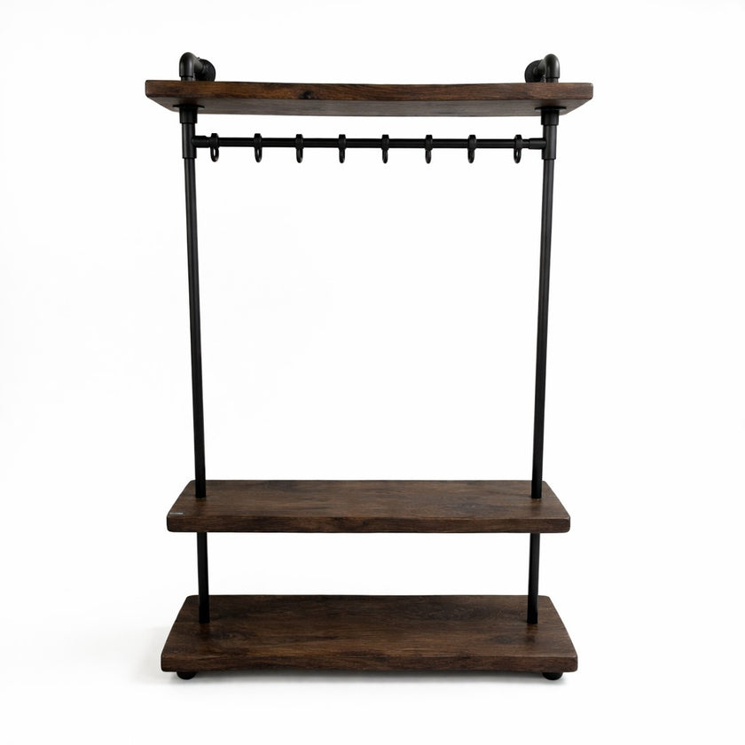 Kapstok industrieel design met massief boomstam hout en stalen frame