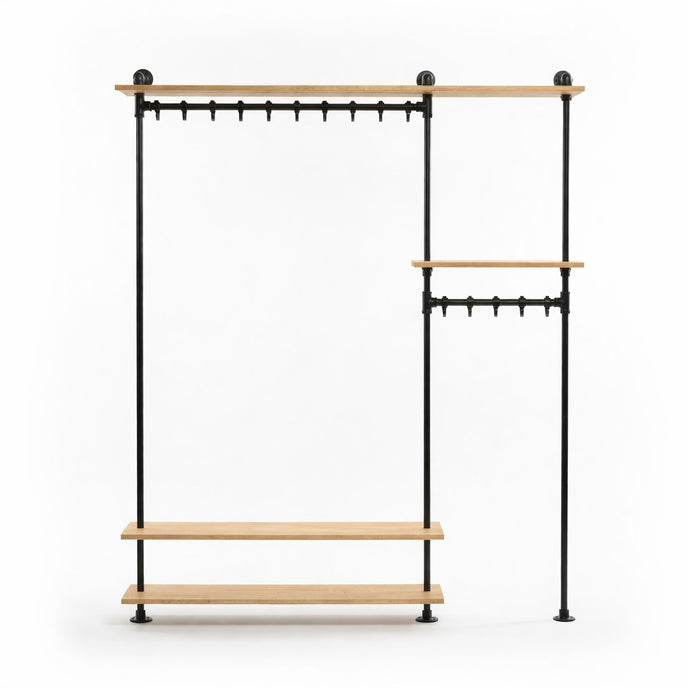 Industriële kapstok Ferm met eikenhout en zwart metalen frame met haken en legplanken