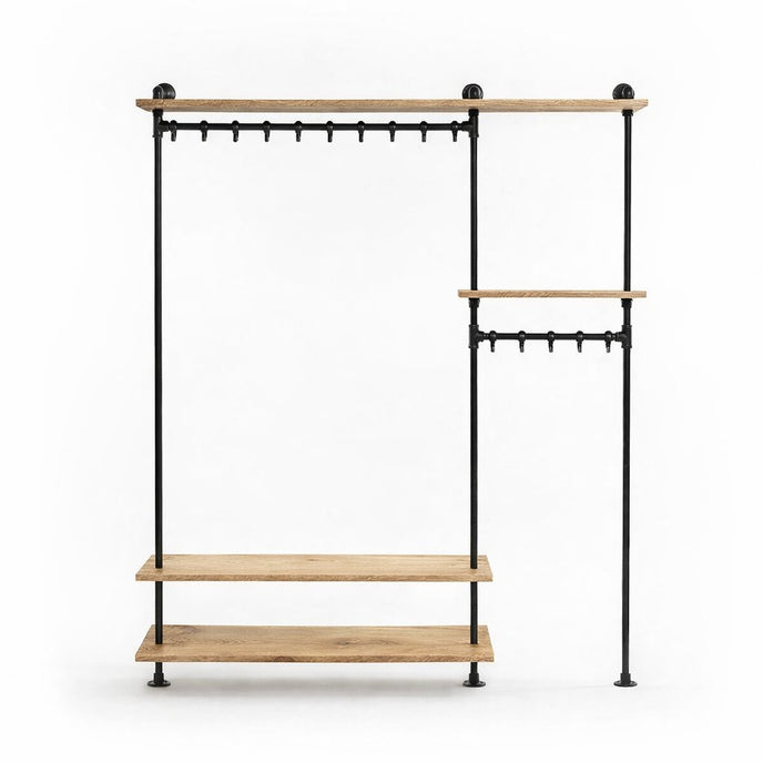 Industriële kapstok Ferm met eikenhouten legplanken met de kleur white en zwarte stalen buizen op witte achtergrond