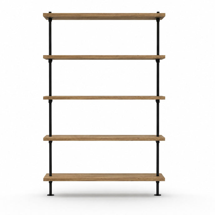 Industriële kast met bruine houten legplanken en zwart metalen frame