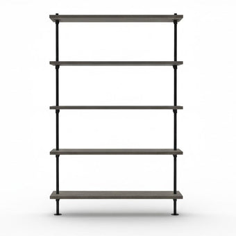 Industriële kast met zwarte metalen buizen en donkere houten legplanken in zwarte afwerking