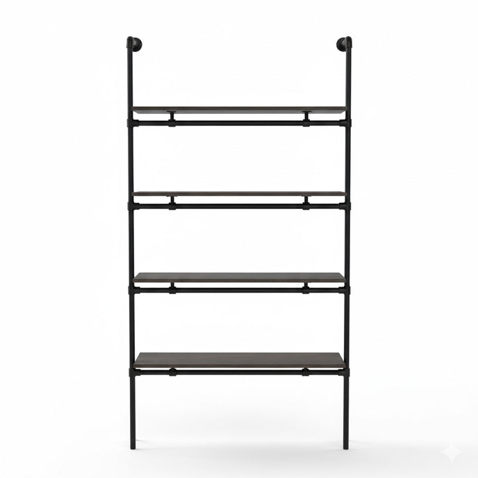 Industriële wandkast 80 cm breed van zwarte steigerbuis met legplanken van zwart vurenhout