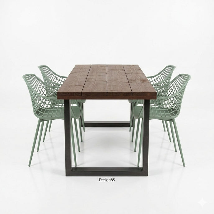 Industriële tuintafel met douglas houten blad en zwart stalen U-poot onderstel – Design85