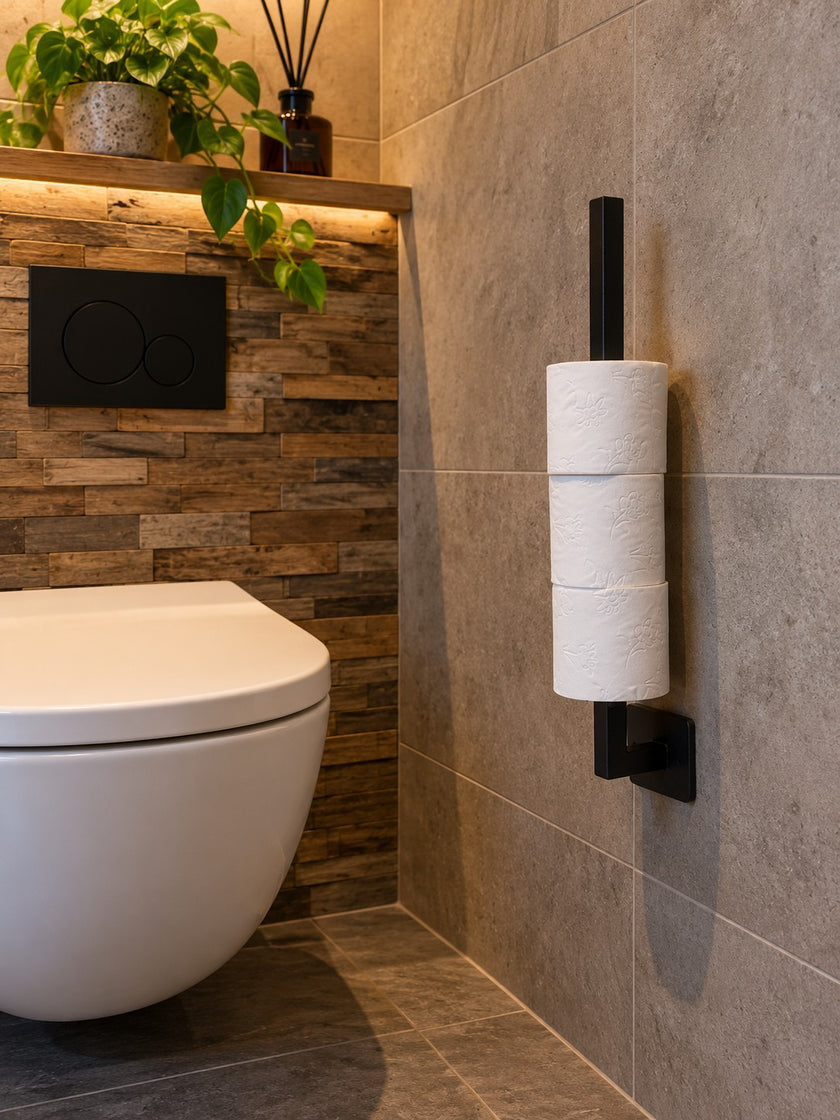 Industriële WC rolhouder Vierkant van zwart staal met drie toiletrollen, aan de muur gemonteerd naast een modern wit toilet in een sfeervolle industriële toiletruimte.