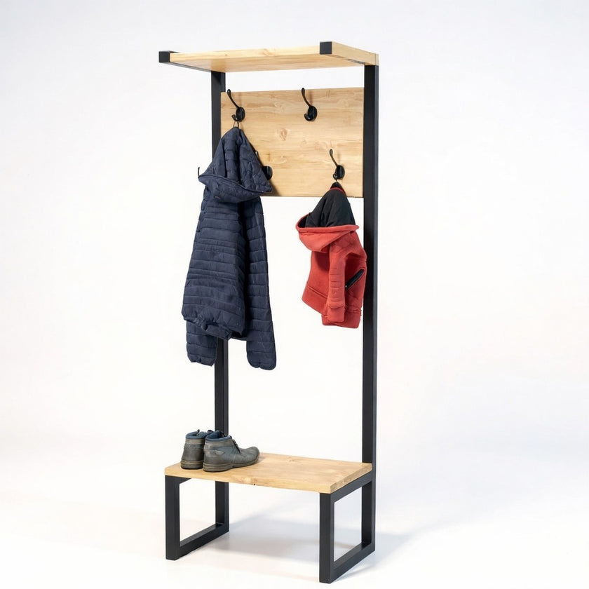 Staande moderne kapstok naturel met zitbank, hoedenplank en zwarte metalen frame
